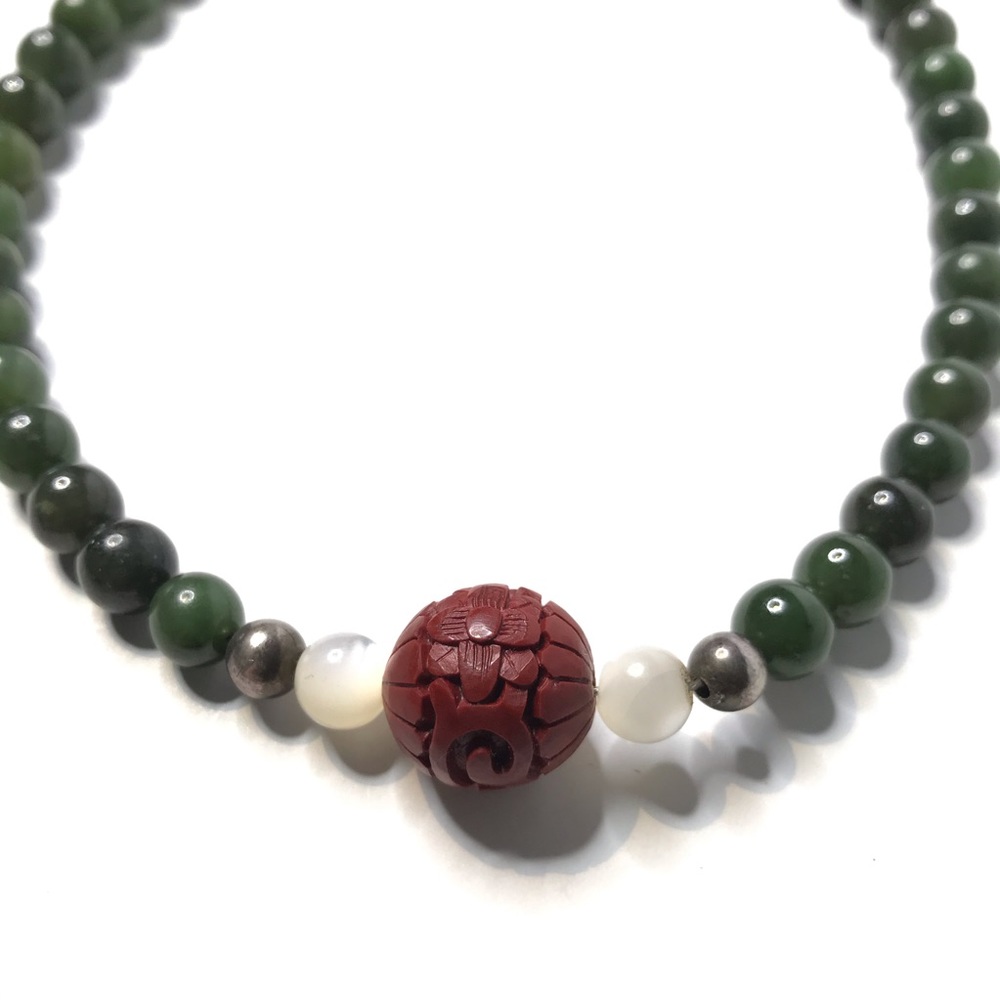 Cinnabar Vintage and Jade Bead Necklace Gold Tone